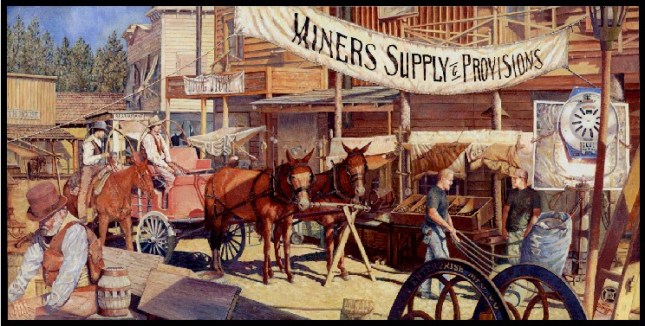 oe Dawson Cowboy Art, P.O.Box 2612, Taos, New Mexico 87571 Phone (575)779-7553) #127 DEADWOOD EXTERIOR WAITING ON INTERIOR, Original oil painting stretched on canvas 3 feet in height and 6 feet across. 36"H x 72" W. This is the painting of a street scene for the first season of the HBO series "DEADWOOD".